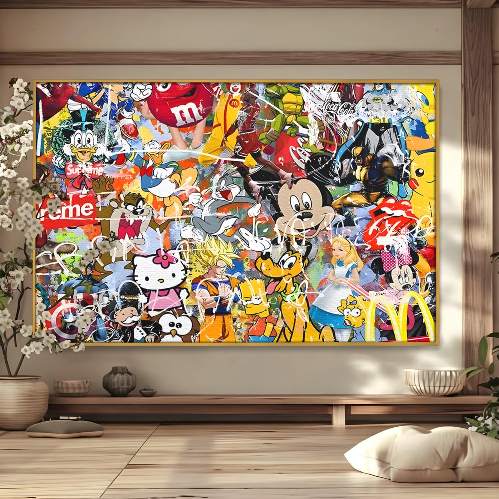 Tablou canvas cu tablou canvas cu personaje din desene animate, in rama de aluminiu auriu